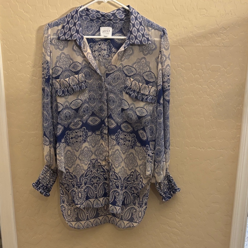 Misa Los Angeles Blue and White Blouse